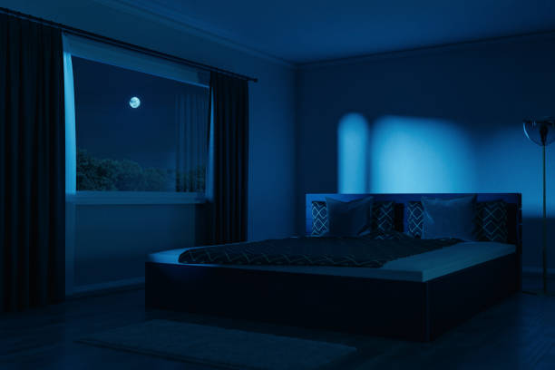 istock 3D rendering of spacious bedroom with cozy box-spring bed illuminated by moonlight at night 1433446461