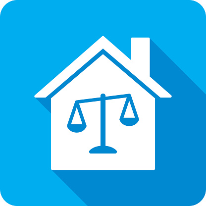 Vector illustration of a house with scales icon against a blue background in flat style.