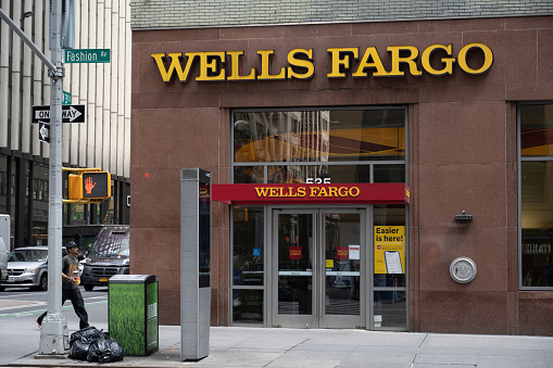 New York, NY, USA - June 2, 2022: A Wells Fargo bank branch.