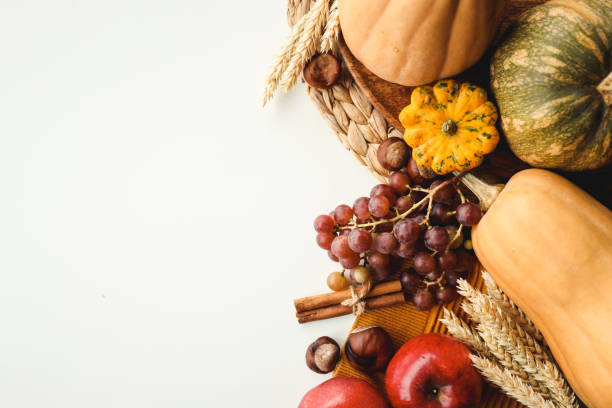 istock Pumpkins and colorful autumn decorations on white background. 1433449791