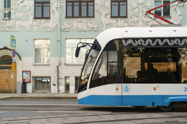 Traffic of the tram at the city street. stock photo