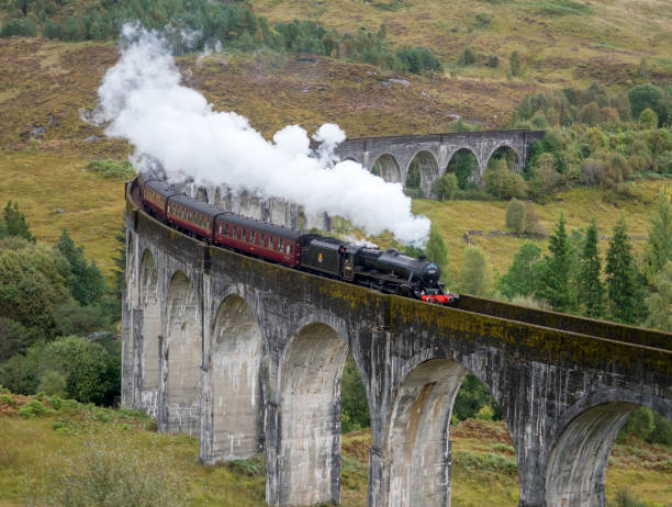 jacobite steam train on the glenfinnan viaduct, scotland - railway bridge imagens e fotografias de stock