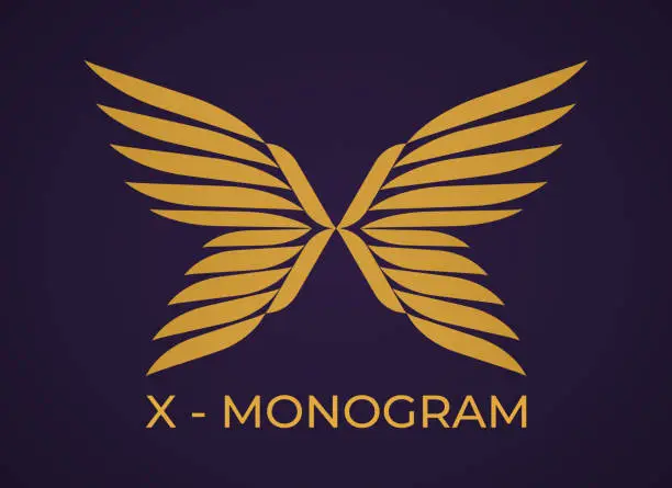 Vector illustration of X - Monogram emblem gold logo design. Abstract golden wings butterfly or angel. Creative idea logos designs.