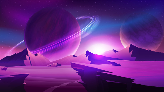 Nature on another planet with a huge planets and large mountains on horizon. Mars purple space landscape with large planet on purple sky