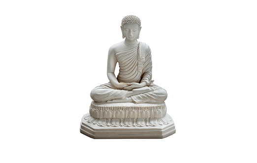 White figurine of siddhartha gautama buddha sculpture statue isolated on white background with clipping path. Selective focus.