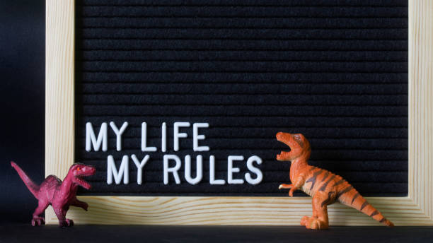 The inscription: My life my rules on a black felt board next to toy dinosaurs. A possible element of design and decoration of a teenager's room. The inscription: My life my rules on a black felt board next to toy dinosaurs. A possible element of design and decoration of a teenager's room. Close-up motto stock pictures, royalty-free photos & images