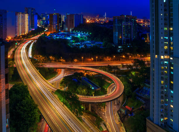 istock Car Light Trails of Tsuen Tsing Interchange and Tsuen Wan Road 1433478583