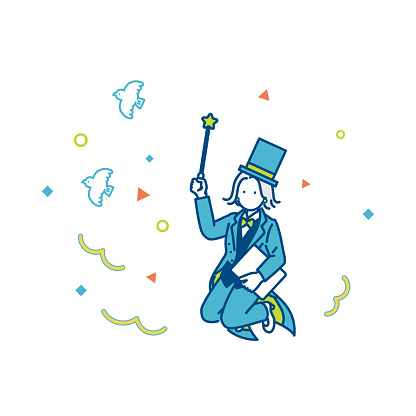Illustration of a magician jumping.  It can be used to improve business, operational efficiency, and productivity. vector.