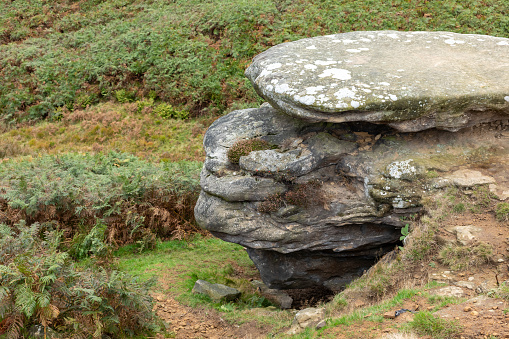 Sandstone weathered rock outcrop in Yorkshire England UK looking like an old man wearing a flat cap hat