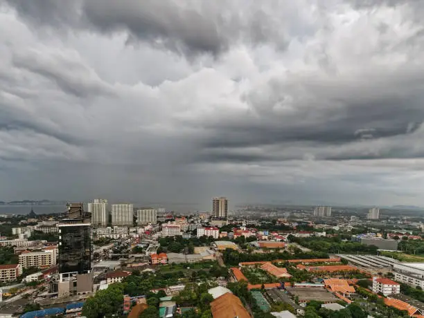 Cityscape of Pattaya City Thailand in Dark Cloud Stormy Weather