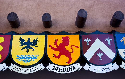 Santa Fe, NM: Family coats of arms on the Santa Fe Plaza during the Santa Fe Fiesta, a 10-day event that takes place at the end of each summer.