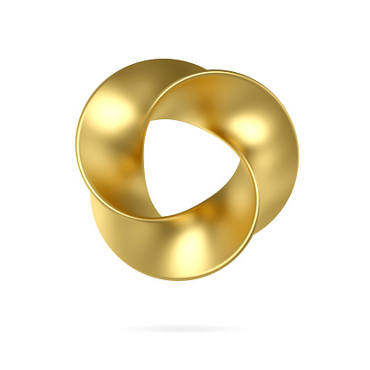 3d gold mobius strip ring sacred geometry. Front view of cover design isolate on white background. Minimal art, abstract digital illustration. 3d rendering