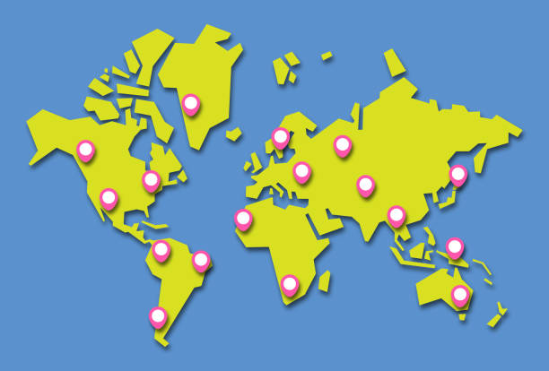 illustrazioni stock, clip art, cartoni animati e icone di tendenza di mappa del mondo con perni di posizione - straight pin cartography map world map