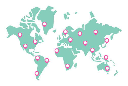 Vector illustration of a minimalist and geometric shaped world map with location pins. Cut out design element great for technology and business ideas and concepts, social media platforms, global communications, travel and transportation, as well as holidays and landmarks.