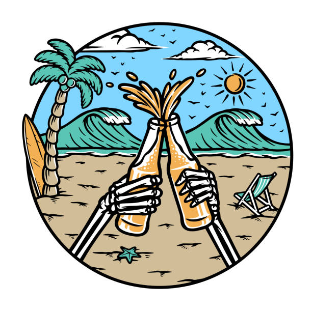 해변 일러스트레이션에 건배 - surf scene stock illustrations