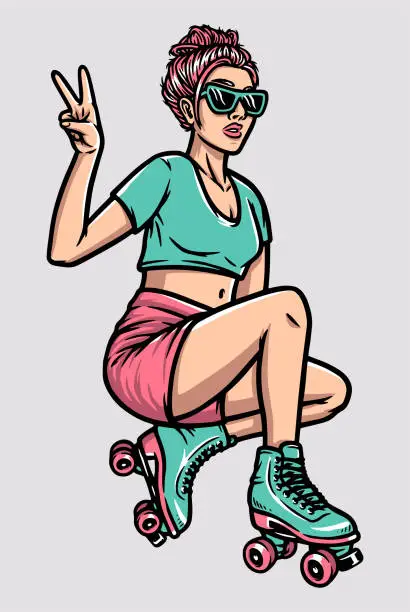 Vector illustration of Young woman on roller skates