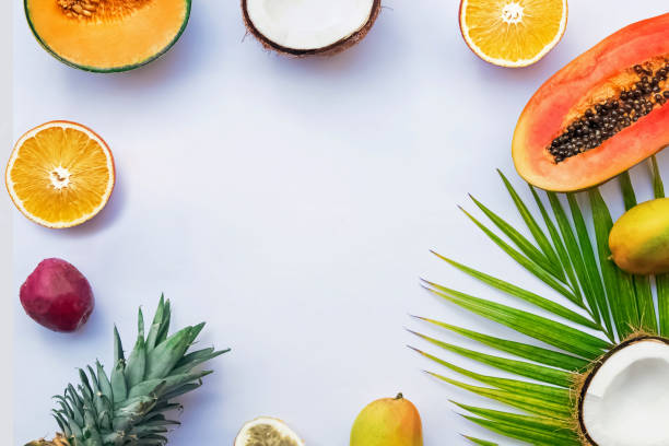 istock Frame with tropic fruits and palm leaf on the white background 1433494329