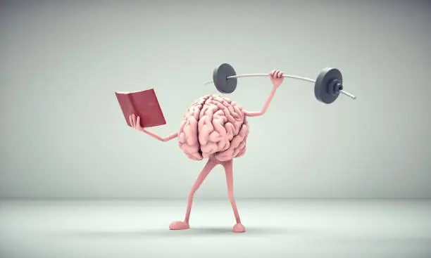 Photo of Human brain lifting weight and reading a book. Private lessons and knowledge concept .