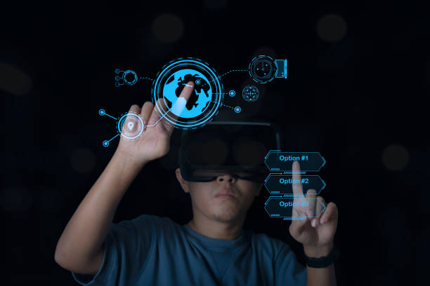 istock Man wearing VR glasses accessing search data business global connected together. 1433498259