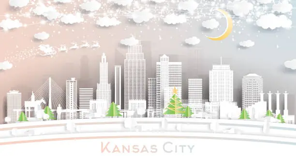 Vector illustration of Kansas City Missouri Skyline in Paper Cut Style with Snowflakes, Moon and Neon Garland.