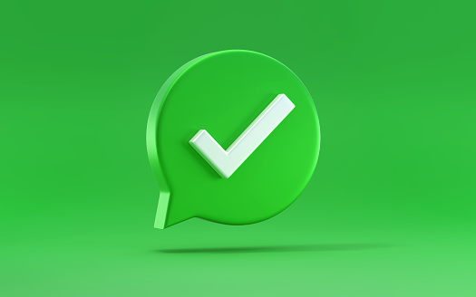 Speech bubble with check mark icon stock photo 3d illustration