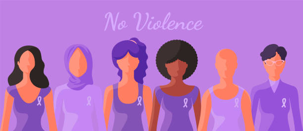 Vector illustration of interracial group of women with pink ribbons are standing together. vector art illustration