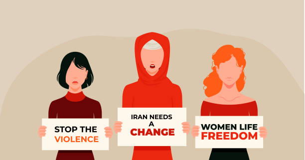 Group of women holding a placards in support over iranian women. vector art illustration