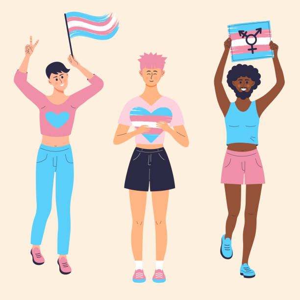 Transgender people with rainbow flag, banner and heart. International Transgender Visibility Day, March 31. Demonstration, pride parade, sexual diversity. Transgender people with rainbow flag, banner and heart. International Transgender Visibility Day, March 31. Demonstration, pride parade, sexual diversity. transgender protest stock illustrations