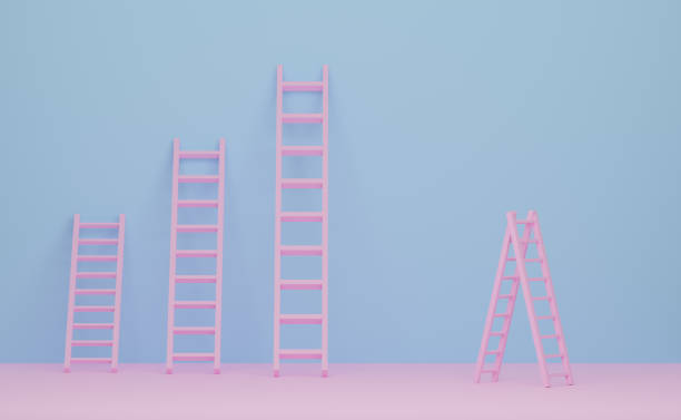 istock ladder or stepladder with sky blue pastel composition room, minimalist mockup ,abstract showcase background ,Concept 3d illustration or 3d render 1433508289