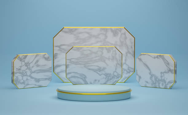 istock Podium empty with geometric shapes  in sky blue pastel composition for modern stage display and minimalist mockup ,abstract showcase background ,Concept 3d illustration or 3d render 1433508329