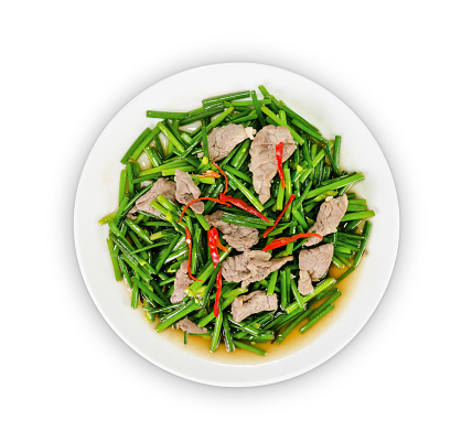stir-fried pork and garlic chive isolated on white background,clipping path