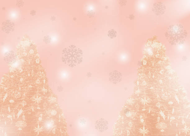 Abstract Blurred Christmas background with festive decorations, Christmas trees, snowflakes on gradient pale pink  background.