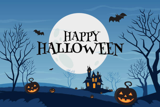 ilustrações, clipart, desenhos animados e ícones de ilustração de design assustador e assustador do halloween com abóboras, árvores, formigas e mansão escura no fundo azul da lua. - halloween castle cartoon backgrounds