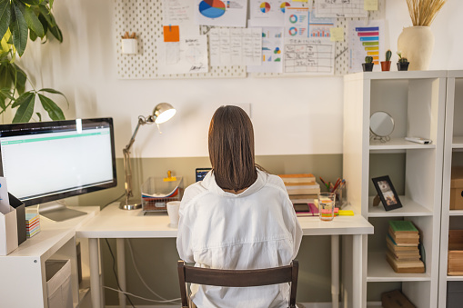Rear view of young female entrepreneur in home office, sitting and using desktop PC