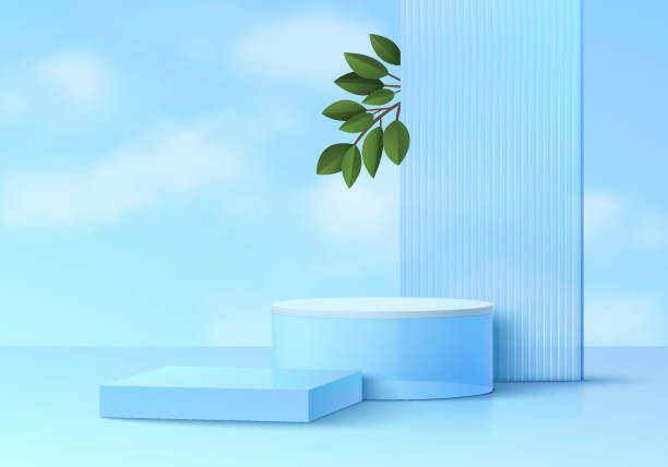 istock Realistic 3D blue glass round stand podium set with partition, green leaf and sky background. Minimal wall scene mockup products stage for showcase, Promotion display. Vector abstract geometric forms. 1433520535