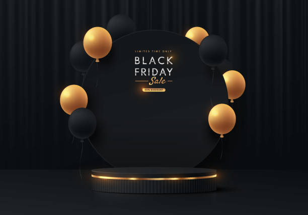 istock Realistic 3D black, golden cylinder pedestal podium with round circle background and balloon. Black friday sale concept, Vector abstract minimal scene for products stage showcase, Promotion display. 1433520803