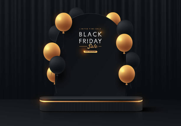 istock Realistic 3D black, golden round pedestal podium with arch shape luxury background and balloon flying. Black friday sale promotion display, Vector abstract minimal scene for products stage showcase. 1433521573
