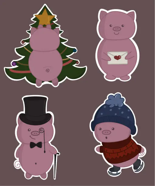 Vector illustration of Cute cartoon pigs in different poses and for different actions