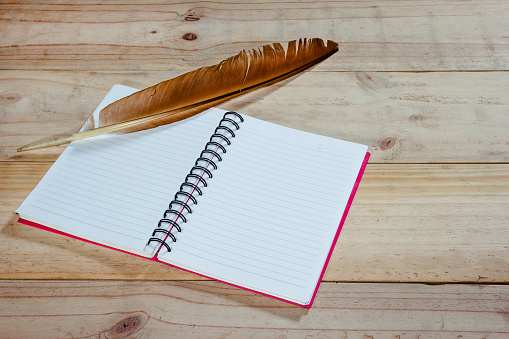 open note book with feather pen