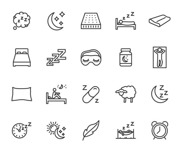 Vector set of sleep line icons. Contains icons pillow, bed, insomnia, sleeping pills, sleep mask, mattress and more. Pixel perfect. Vector set of sleep line icons. Contains icons pillow, bed, insomnia, sleeping pills, sleep mask, mattress and more. Pixel perfect. rodent bedding stock illustrations