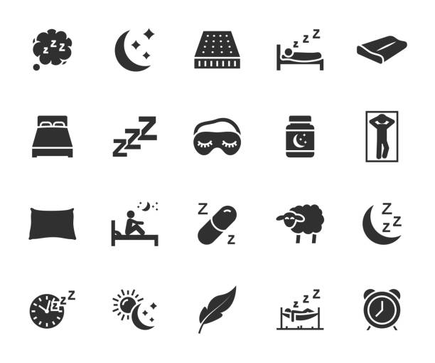 ilustraciones, imágenes clip art, dibujos animados e iconos de stock de conjunto vectorial de iconos planos para dormir. contiene iconos almohada, cama, insomnio, pastillas para dormir, máscara para dormir, colchón y más. píxel perfecto. - bedtime