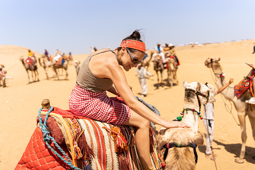 Female caucasian and young tourist on top of a camel on a desert tour among other people