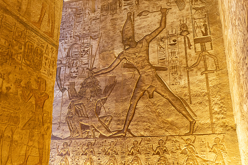 Hieroglyphic fresco of a depiction of war inside an Egyptian temple at Abu simbel