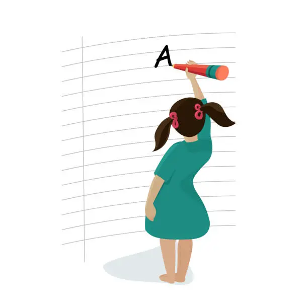 Vector illustration of The little girl is writing on the paper with a pencil