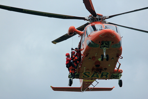 Yogyakarta, Indonesia, July 26 2016. The National Search and Rescue Agency (Basarnas) in action evacuated victims of natural disasters using helicopters in an earthquake response simulation.