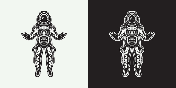 Vintage retro astronaut. Can be used for logo, badge, label. mark, poster or print. Monochrome Graphic Art. Vector Illustration. Woodcut linocut old stylization. Engraving style.