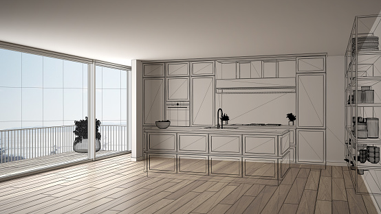 Empty white interior with parquet floor and big panoramic window, custom architecture design project, black ink sketch, blueprint showing classic kitchen