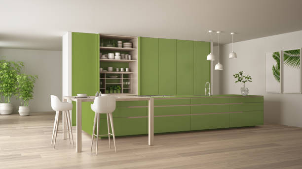 istock White and green minimalist kitchen in eco friendly apartment, island, table, stools and open cabinet with accessories, window, bamboo, hydroponic vases, parquet , interior design idea 1433531517
