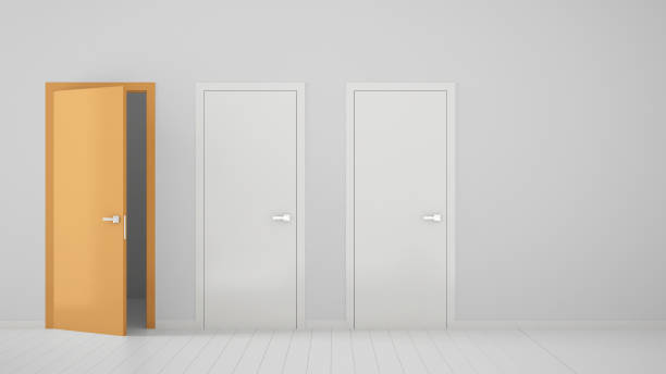 istock Empty room interior design with two white closed doors and one open orange door with frame, wooden white floor. Choice, decision, selection, option concept idea with copy space 1433531529