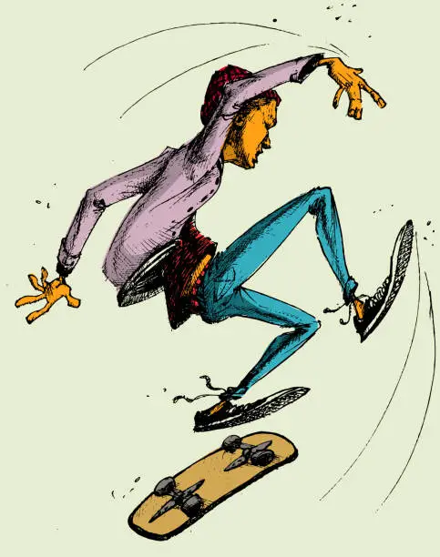 Vector illustration of Drawing of a young man riding skateboard. Illustration of skater doing tricks hand drawn.